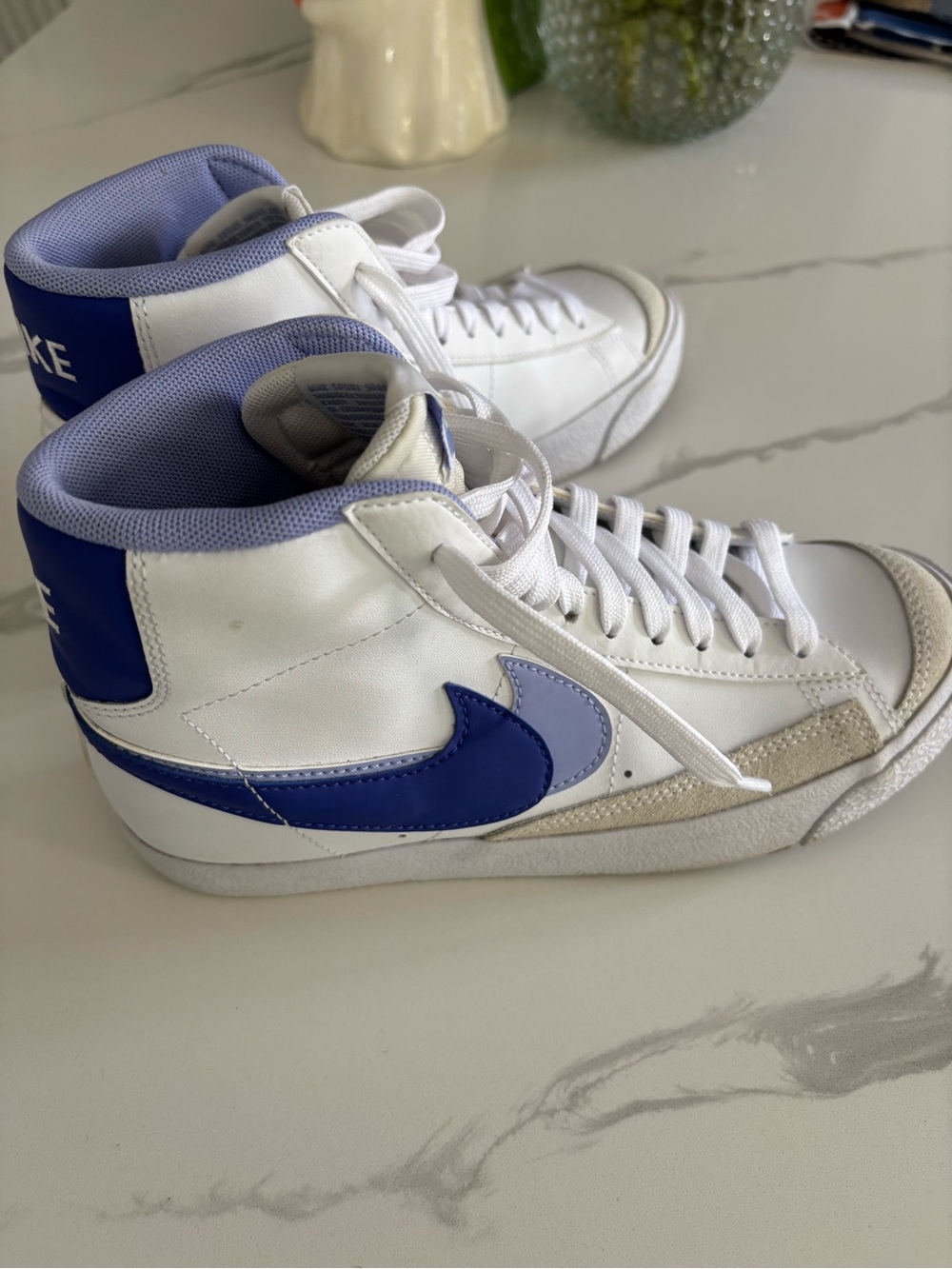 Nike Womenâs Blazers High-Top Leather Sneakers in White and Blue
